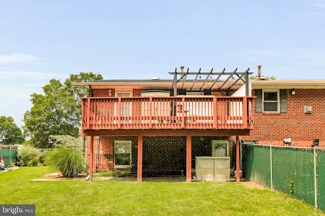 179 Dunlap Rd, Pasadena, MD 21122 - rear view of property with a fenced backyard, a deck, brick siding, and a pergola