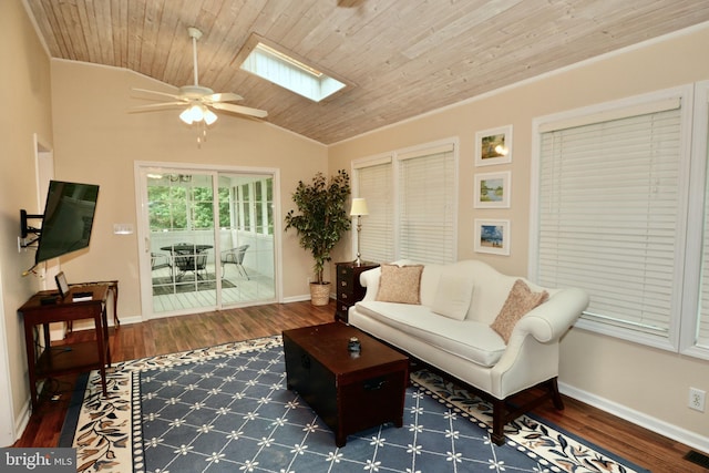 4 W Woodduck Dr, Tuckerton, NJ 08087 - living room featuring wood ceiling, vaulted ceiling, a ceiling fan, a skylight, and wood finished floors