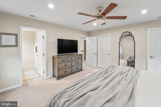 57 Oak Ln, Carneys Point, NJ 08069 - bedroom featuring recessed lighting, light colored carpet, ceiling fan, and connected bathroom