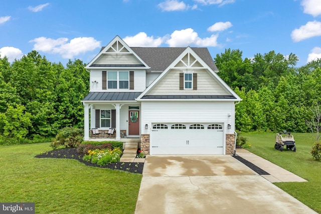 57 Oak Ln, Carneys Point, NJ 08069 - craftsman-style house with a standing seam roof, covered porch, concrete driveway, a shingled roof, and a front yard