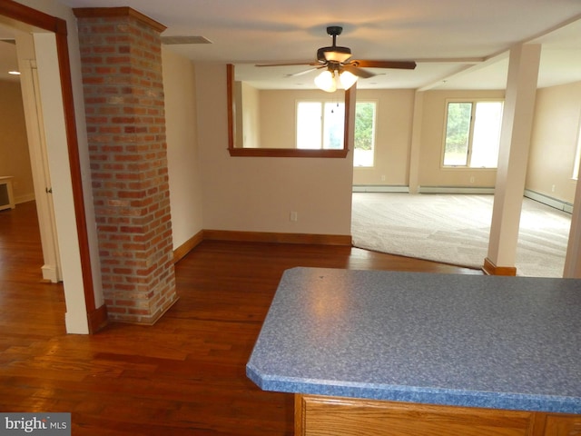 126 E Central Ave, Hammonton, NJ 08037 - empty room featuring wood finished floors, a ceiling fan, and a baseboard heating unit