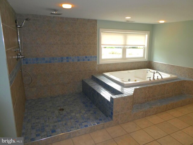 126 E Central Ave, Hammonton, NJ 08037 - bathroom with tile patterned flooring, a jetted tub, a tile shower, and recessed lighting