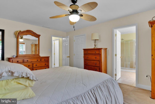 131 Sequoia Dr, Berlin, NJ 08009 - bedroom with light carpet, ensuite bath, and ceiling fan