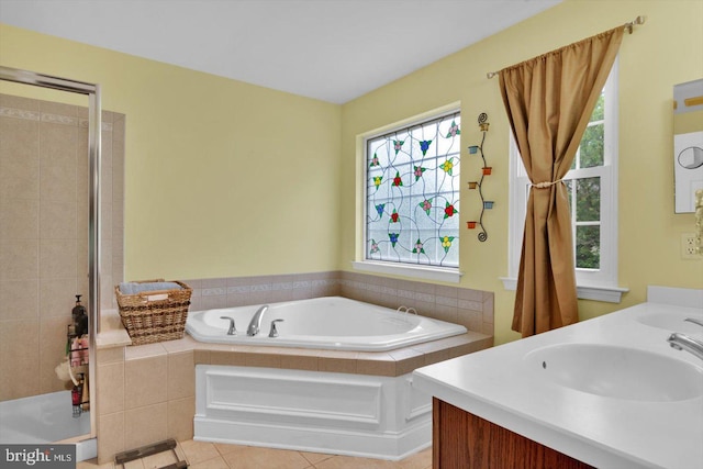 131 Sequoia Dr, Berlin, NJ 08009 - bathroom featuring a garden tub, a shower stall, double vanity, and tile patterned flooring
