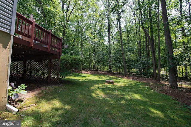 6309 Ember Ct, Manassas, VA 20112 - view of grassy yard with an outdoor fire pit, a deck, and a wooded view