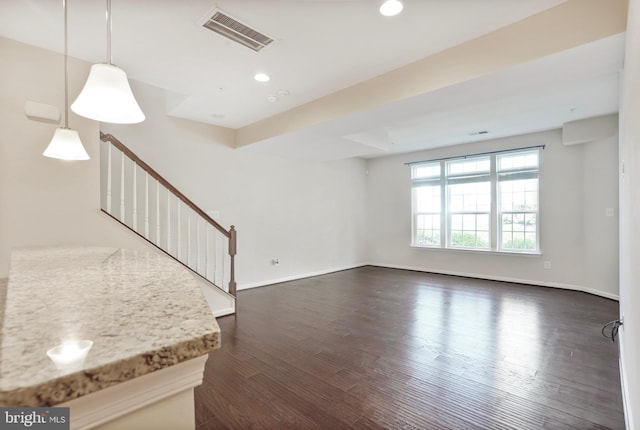 7493 Brunson Cir, Gainesville, VA 20155 - unfurnished living room with dark wood-style flooring, stairway, and recessed lighting