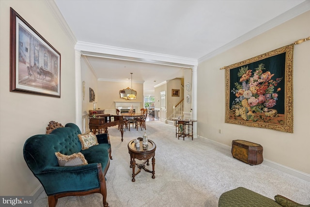 272 Center Point Ln, Lansdale, PA 19446 - living area with ornamental molding, carpet flooring, stairway, and decorative columns