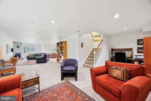 272 Center Point Ln, Lansdale, PA 19446 - living room featuring carpet floors, stairway, recessed lighting, and a stone fireplace