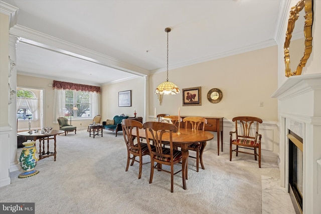 272 Center Point Ln, Lansdale, PA 19446 - dining space featuring crown molding, light colored carpet, and a glass covered fireplace