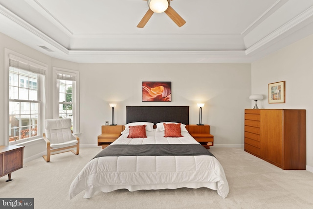43665 Jernigan Ter, Leesburg, VA 20176 - carpeted bedroom with a tray ceiling, ornamental molding, and a ceiling fan