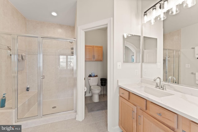 43665 Jernigan Ter, Leesburg, VA 20176 - full bathroom with tile patterned flooring, vanity, a shower stall, and recessed lighting