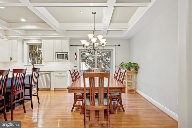 121 Valley Pl, Media, PA 19063 - dining area featuring a chandelier, light wood-style floors, coffered ceiling, and beamed ceiling
