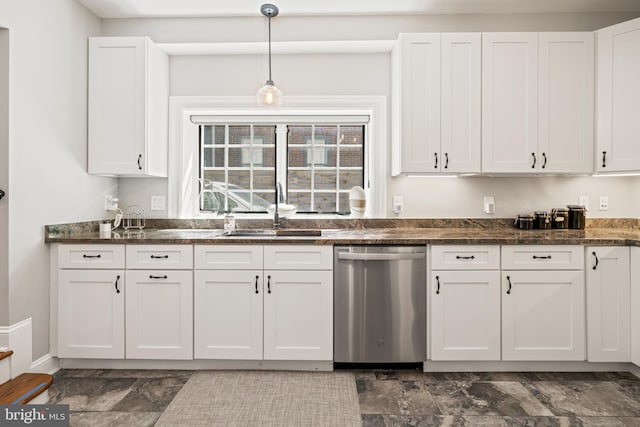 407 Independence Ave SE, Washington, DC 20003 - kitchen with dishwasher, white cabinetry, pendant lighting, and dark stone finish flooring