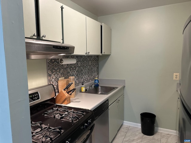 545 Burgoyne Rd Unit 8, Charlottesville, VA 22901 - kitchen with appliances with stainless steel finishes, exhaust hood, light marble finish floors, backsplash, and white cabinetry