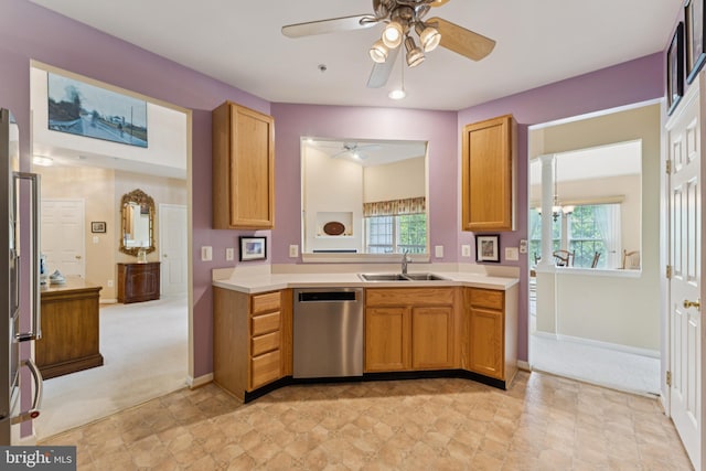 6230 Glen Valley Ter Unit 4L, Frederick, MD 21701 - kitchen featuring stainless steel dishwasher, ceiling fan, light countertops, and light colored carpet