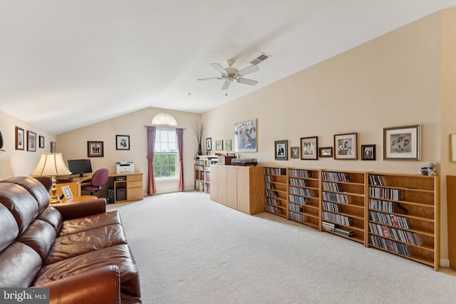 6230 Glen Valley Ter Unit 4L, Frederick, MD 21701 - carpeted living area with an office area, a ceiling fan, and lofted ceiling