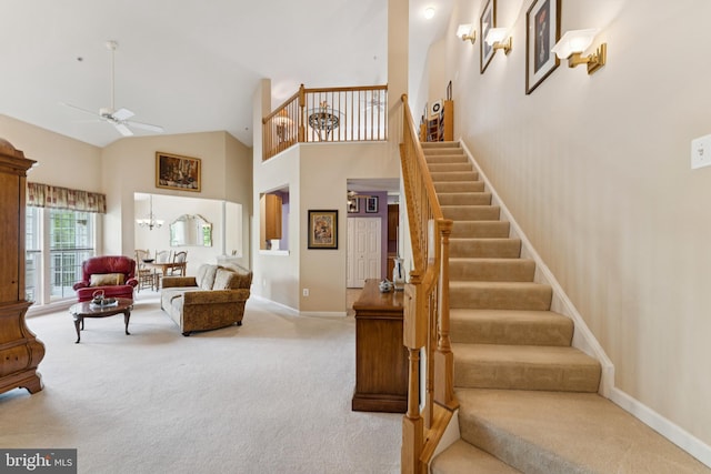 6230 Glen Valley Ter Unit 4L, Frederick, MD 21701 - staircase with carpet, ceiling fan, high vaulted ceiling, and a chandelier
