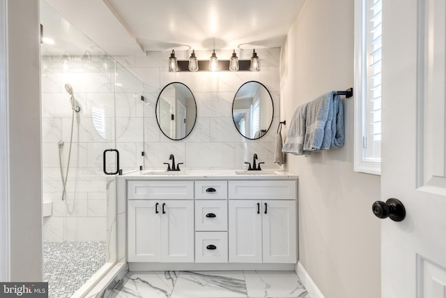 2100 Pot Spring Rd, Lutherville Timonium, MD 21093 - full bathroom with a shower stall, double vanity, marble finish floors, and tasteful backsplash
