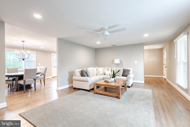 2100 Pot Spring Rd, Lutherville Timonium, MD 21093 - living area with light wood-style floors, a chandelier, recessed lighting, and a ceiling fan