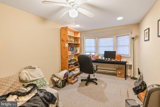 3905 Benton St NW, Washington, DC 20007 - office area featuring carpet, a baseboard heating unit, recessed lighting, and ceiling fan