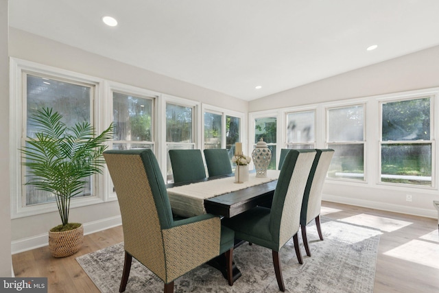 9215 Glenville Rd, Silver Spring, MD 20901 - dining room with light wood-style flooring, recessed lighting, and vaulted ceiling