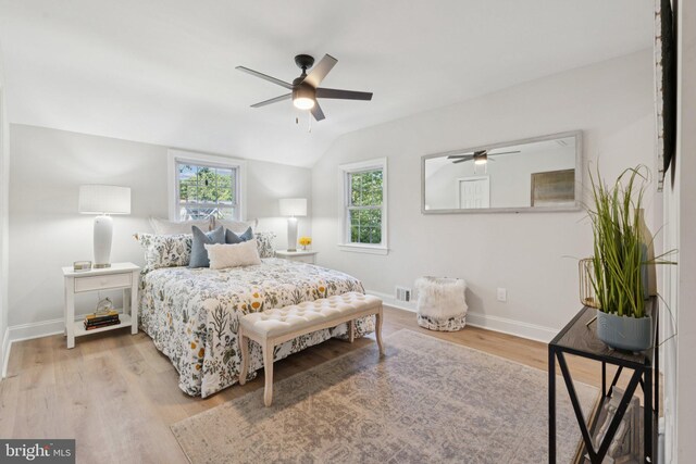 9215 Glenville Rd, Silver Spring, MD 20901 - bedroom featuring wood finished floors, vaulted ceiling, and ceiling fan