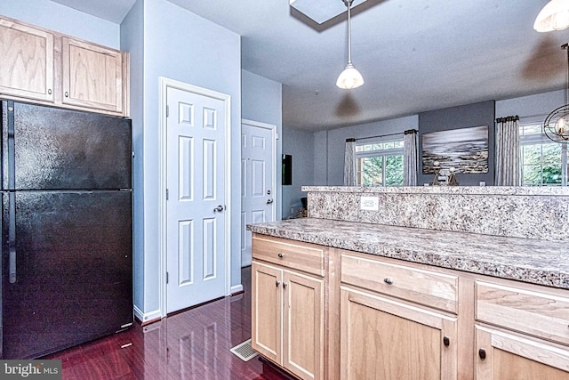 13812 Breezy Ridge Way Unit 101, Woodbridge, VA 22191 - kitchen with freestanding refrigerator, light brown cabinetry, dark wood-style flooring, and healthy amount of natural light