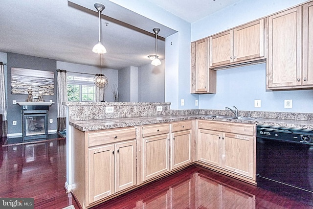 13812 Breezy Ridge Way Unit 101, Woodbridge, VA 22191 - kitchen featuring dishwasher, light brown cabinetry, a peninsula, dark wood-style floors, and pendant lighting
