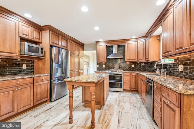 1302 Terry Way, Fallston, MD 21047 - kitchen with stainless steel appliances, wall chimney exhaust hood, a sink, decorative backsplash, and brown cabinetry