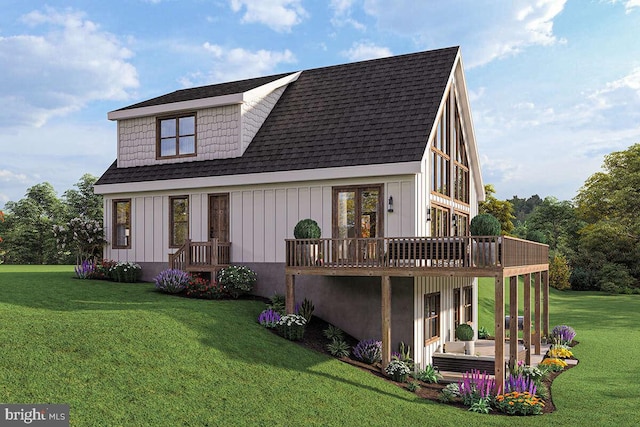 2802 High Top Rd, Linden, VA 22642 - view of front of property featuring a front lawn, a wooden deck, roof with shingles, and board and batten siding