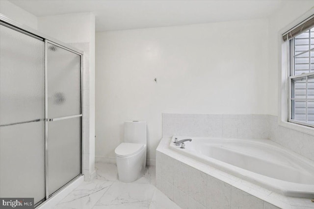 42 Frost Ln, Hightstown, NJ 08520 - bathroom featuring a bath, a shower stall, and marble finish flooring