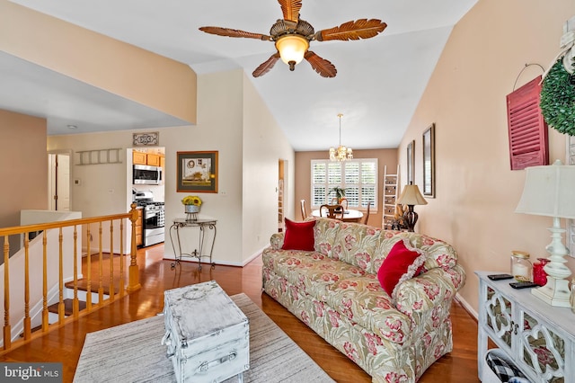 5 Spinnaker Reef Ct, Baltimore, MD 21220 - living area with vaulted ceiling, ceiling fan, wood finished floors, and a chandelier