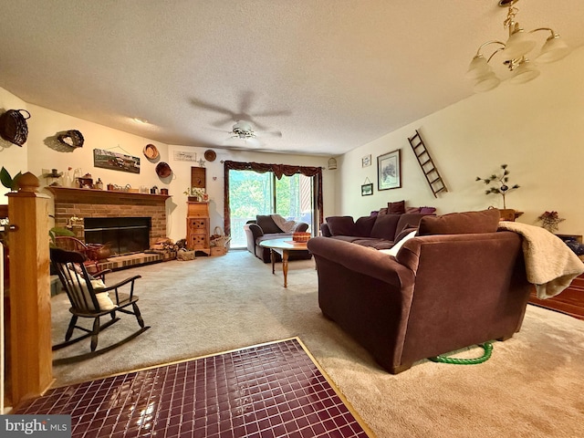 102 Tecumseh Trl, Hedgesville, WV 25427 - carpeted living room featuring ceiling fan, a textured ceiling, and a fireplace