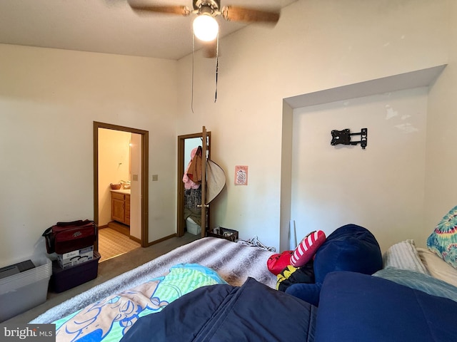 102 Tecumseh Trl, Hedgesville, WV 25427 - bedroom featuring carpet floors, high vaulted ceiling, connected bathroom, and a ceiling fan