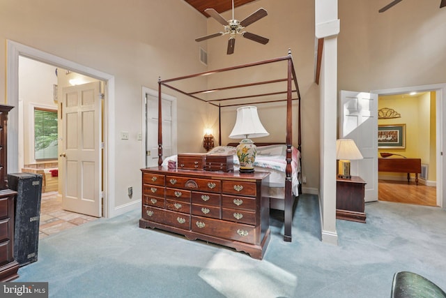 28 Cliff Rd, Front Royal, VA 22630 - bedroom featuring carpet flooring, high vaulted ceiling, and a ceiling fan