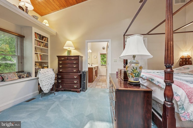 28 Cliff Rd, Front Royal, VA 22630 - bedroom with light colored carpet, multiple windows, lofted ceiling, connected bathroom, and wood ceiling