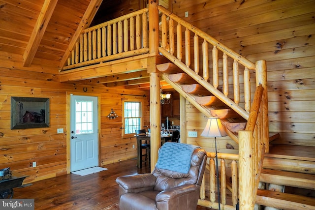 1870 General Potter Hwy, Centre Hall, PA 16828 - living area featuring wood-type flooring, stairs, wood ceiling, and wood walls