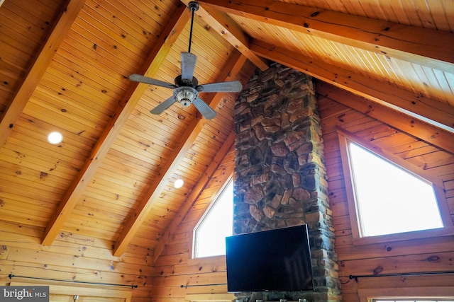 1870 General Potter Hwy, Centre Hall, PA 16828 - detailed view of a wooden ceiling with exposed beams, wood walls, and a ceiling fan