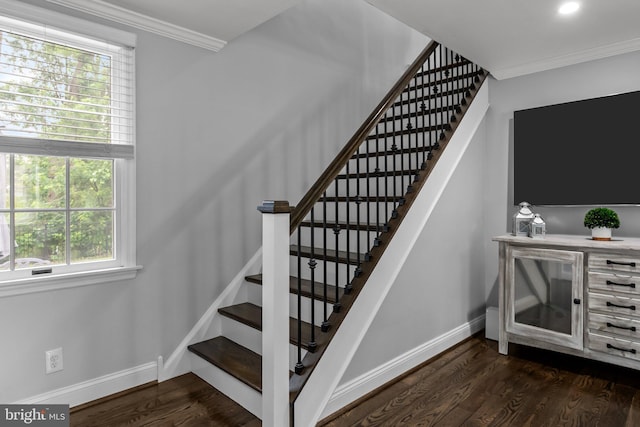 605 Lakevue Dr, Willow Grove, PA 19090 - stairway with baseboards, wood finished floors, crown molding, plenty of natural light, and a dry bar