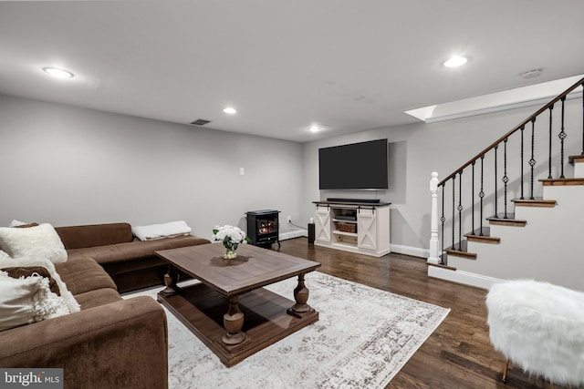 605 Lakevue Dr, Willow Grove, PA 19090 - living area with stairway, recessed lighting, baseboards, dark wood-style floors, and a skylight