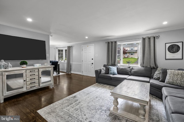 605 Lakevue Dr, Willow Grove, PA 19090 - living room with ornamental molding, recessed lighting, dark wood-style floors, and baseboards