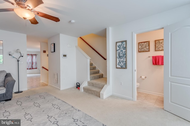 45 Private Ct, Bunker Hill, WV 25413 - interior space featuring carpet floors, ceiling fan, and stairway