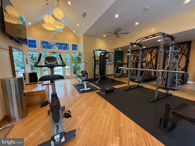 3179 Summit Square Dr Unit 2-B5, Oakton, VA 22124 - gym featuring plenty of natural light, high vaulted ceiling, ceiling fan, hardwood / wood-style flooring, and recessed lighting