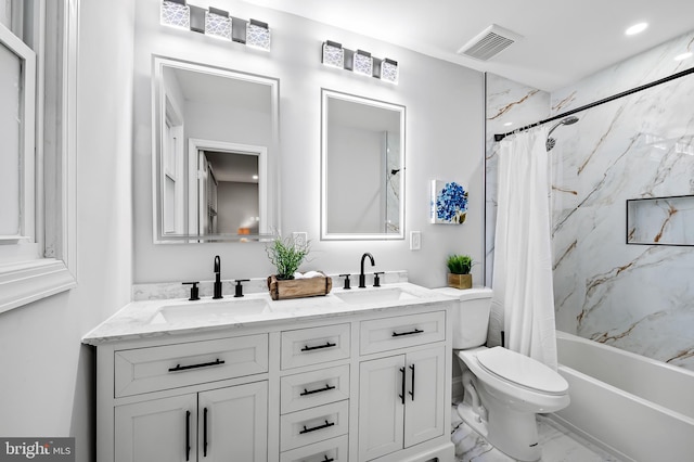904 Stevenson Ln, Towson, MD 21286 - bathroom with double vanity, shower / tub combo, and marble finish flooring