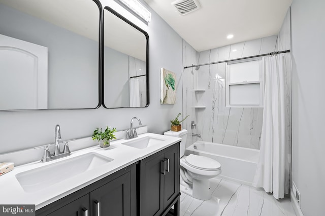 904 Stevenson Ln, Towson, MD 21286 - bathroom featuring marble look tile flooring, double vanity, shower / tub combo with curtain, and recessed lighting