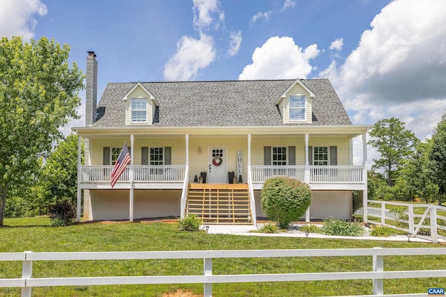 311 Sharps Creek Dr, Scottsville, VA 24590 - cape cod-style house featuring stairway, covered porch, roof with shingles, and a chimney