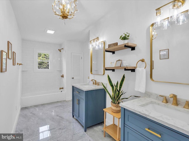69 Mary Elmer Dr, Bridgeton, NJ 08302 - full bath featuring two vanities,  shower combination, marble finish floors, and a chandelier
