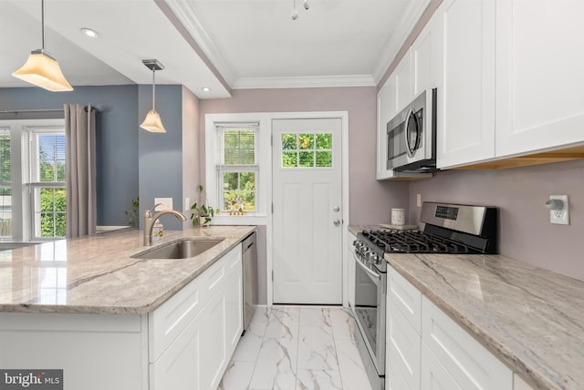 1906 Glen Keith Blvd, Towson, MD 21286 - kitchen with appliances with stainless steel finishes, light marble finish flooring, white cabinetry, light stone counters, and pendant lighting