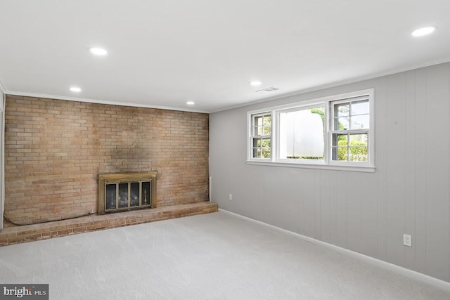 1121 Collingwood Rd, Alexandria, VA 22308 - unfurnished living room featuring carpet, a fireplace, recessed lighting, and ornamental molding