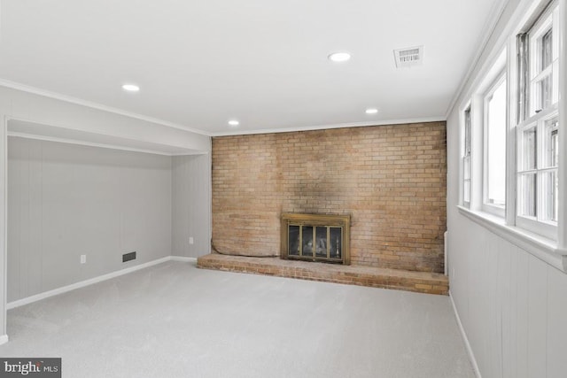 1121 Collingwood Rd, Alexandria, VA 22308 - unfurnished living room with a fireplace, carpet, recessed lighting, and ornamental molding